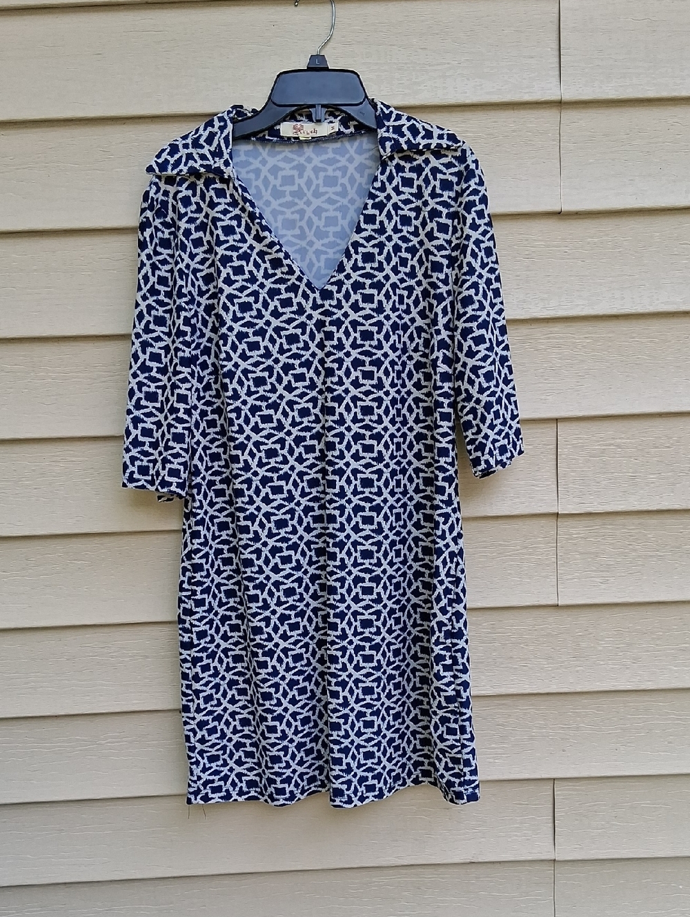 Aryeh Navy and White Geometric Collar V-Neck Midi Dress
